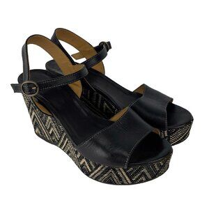 LA CANADIENNE Southwestern Woven Wedges Ankle Strap Leather Black Sandals sz 37